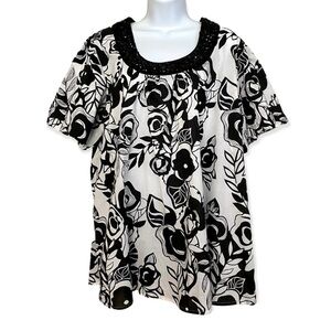 Black White Cotton Blouse Plus Size 14W Beaded Floral Peasant Casual Spring